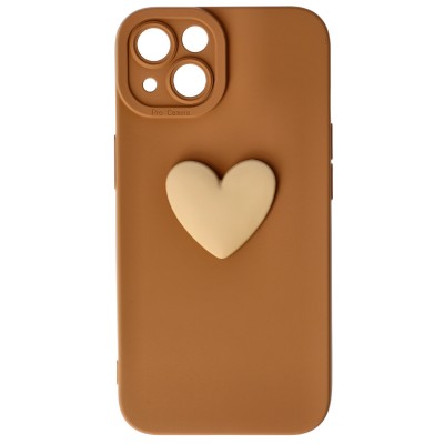 Husa iPhone 13, Silicon cu Protectie Camera,  3D Heart, Maro